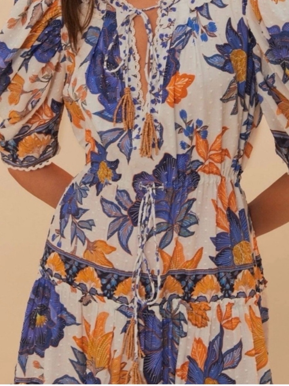 FARM Rio White Floral Midi Dress with Blue and Mustard Print